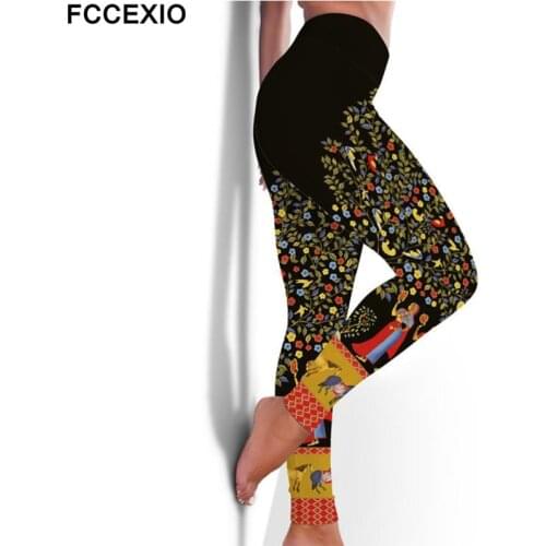 FCCEXIO New High Waist Fitness Elastic Leggings Flower Tree 3D Print Sexy Plus Size Leggins Casual Workout Sport Tight Pants