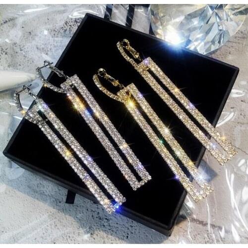 Personality Fashion Exagogue Diamond Set Rectangular Earring Geometry Simple Universal Earring Long Full Diamond Earring Women