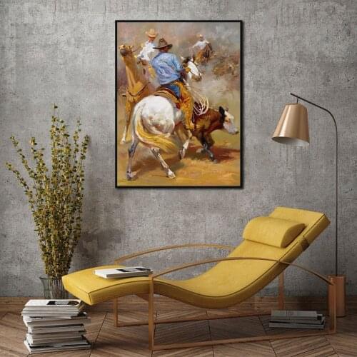 European Style Canvas Painting Poster and Print Oil Paintings Man Riding Horse Bull for Living Room Bedroom Gallery Wall Decorat