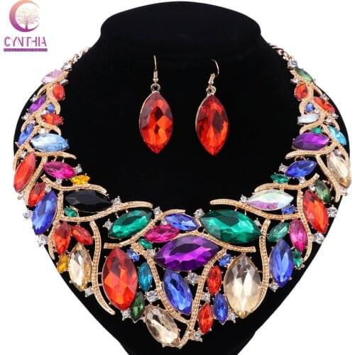 African Costume Jewelry Sets Gold Fashion Wedding Women Bridal Accessories Rhinestones Crystal Earring Necklace Set