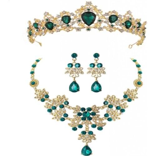 Baroque Vintage Gold Red Green Blue Crystal Bridal Jewelry Sets Wedding African Beads Jewelry Sets Necklace Earrings Tiara Set