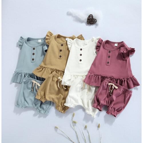 FOCUSNORM 4 Colors Summer Baby Girls Boys Clothes Sets Solid Ruffles Short Sleeve T Shirts Elastic Shorts