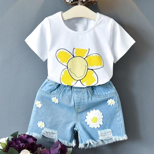 2T Girls Clothes Sets Summer Toddler Korea Style Flower Collar Striped T-Shirt+Denim Shorts 2 Pcs Kids Clothes