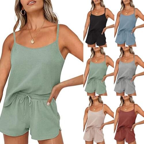 Short Set Pajamas for Women Womens Fashion Sleeveless Sleepwear Casual Home Wear Pajamas Sweet Soft Comfortable Top Pants Suit