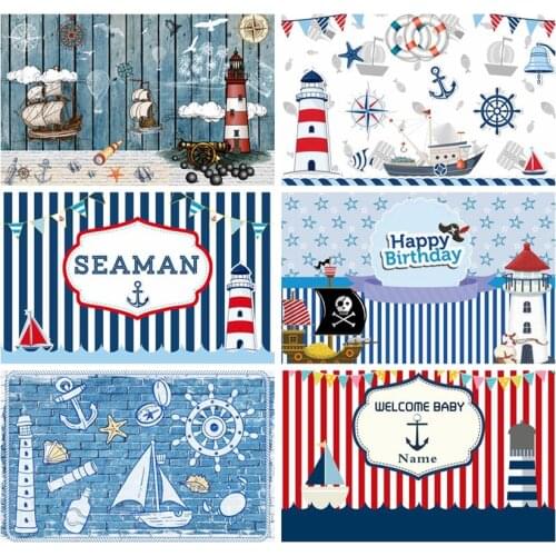 Laeacco Baby Birthday Photophone Photography Backdrops Sea Pennant Seaman Sailor Lighthouse Ship Blue Stripe Photo Backgrounds