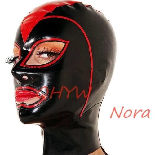 Handmade Black Fetish Latex Hood Rubber Mask Open Eyes Lips with Red Trim for Men Women