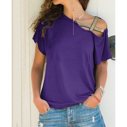 Summer Cotton Womens T-Shirt Skew Collar Short Sleeve Pullover Character Loose Asymmetrical Fashion Casual T-Shirt