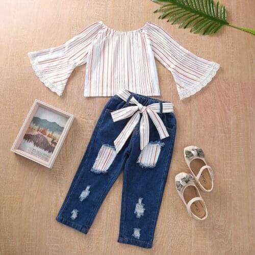 Fashion Autumn Girls T-shirt and Trousers Suit Fashion Stripe Trumpet Sleeve Tops and Ripped Denim Pants Outfit