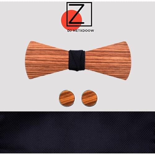Mens Bow tie Solid Wooden Bowties Black Bowtie Fashion Novelty Classic Hanky Cufflinks Gift Box Set
