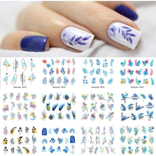 12Pcs Blue Leaves Nail Water Transfer Stickers Set Love Heart Flowers Water Sliders for Nails Marble Lines Decals Manicures Tip