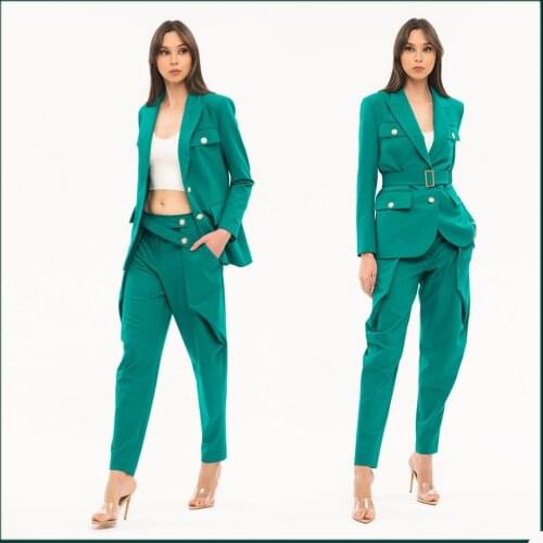 Latest Designed Wmen Blazer Suit Pocket Lace Up Peaked Lapel Jacket 2 Pieces Set Loose Streetwear Coat