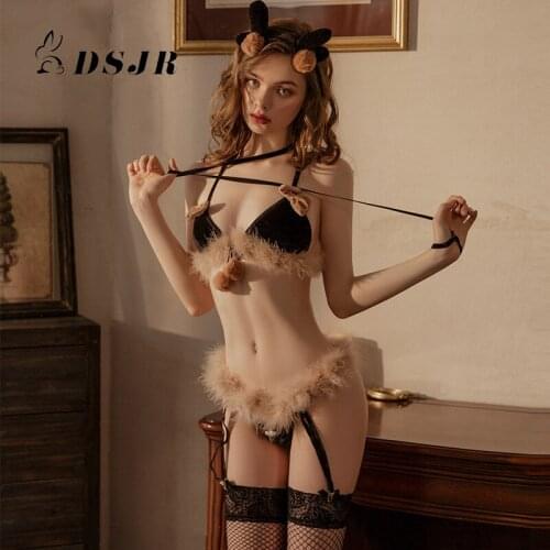 New Three-point One-piece Cute Pet Plush Elk Sexy Underwear Set Hair Hood Bowknot Plush Bra Lace Neck Ring Garter Belt Cosplay