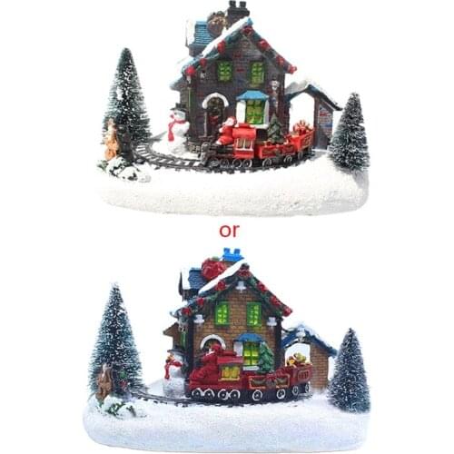 P8DE Creative Color LED Lights Christmas Small Train Village House Luminous Landscape Snow Figurines Resin Desktop Ornament