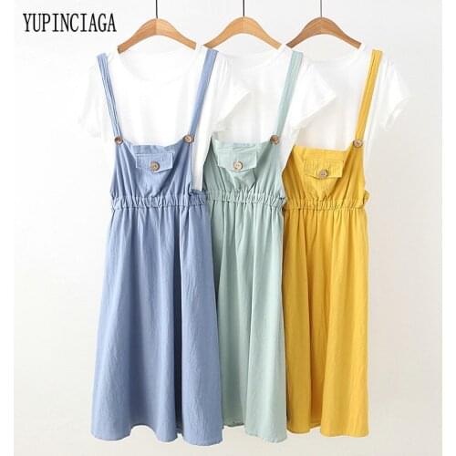 2 piece set women Top And Summer strap dress with Pockets student loose two piece set 2020 Short Sleeve T Shirt Skirts