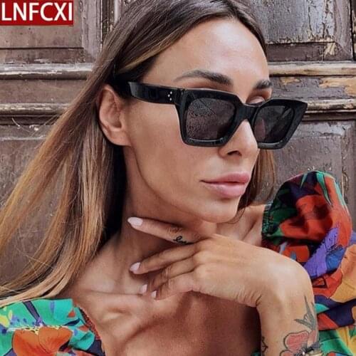 LNFCXI Ins Cool Square Sunglasses Women Men Transparent Blue Vintage Sun Glasses for Women Unique Flat Top Eyewear Shades UV400