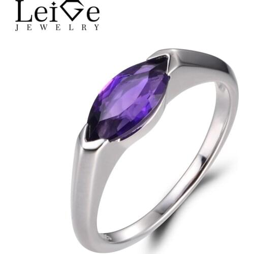 LeiGe Jewelry Amethyst Wedding Rings February Birthstone Rings Marquise Cut Purple Gems 925 Sterling Silver Solitaire Rings