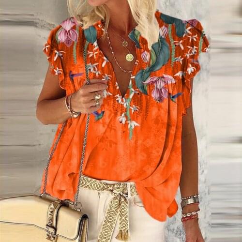 Women Summer Short Sleeve Top Autumn Loose V-Neck Floral Print Ruffles Clothes Oversized Plus Size 5XL Tops Рубашки футболка