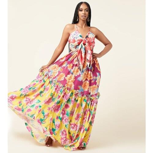 Spaghetti Strap Floral Print Women Sundress Vintage Deep V Neck Sleeveless Fit and Flare Dress Fashion Backless Holiday Robe