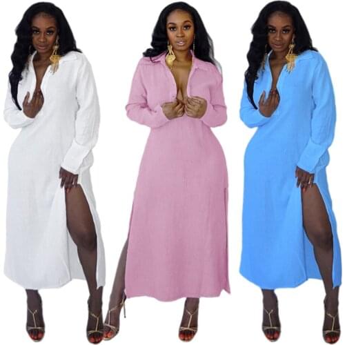 Fashion Solid Long Dresses for Women Lapel Loose Mid Waist Ankle Length Sexy Split Fork Long Sleeves Wholesale Dropshipping