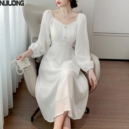 2020 Spring Autumn Retro Lady Elegant Solid Midi Dress Womens Square Collar Puff Long Sleeve Dresses Female Vestido With Lining