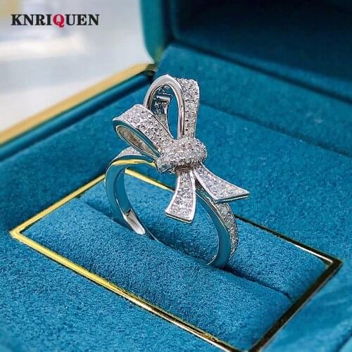Romantic 100% Real 925 Sterling Silver High Carbon Diamond Bowknot Ring For Women Charms Wedding Fine Jewelry Anniversary Gift