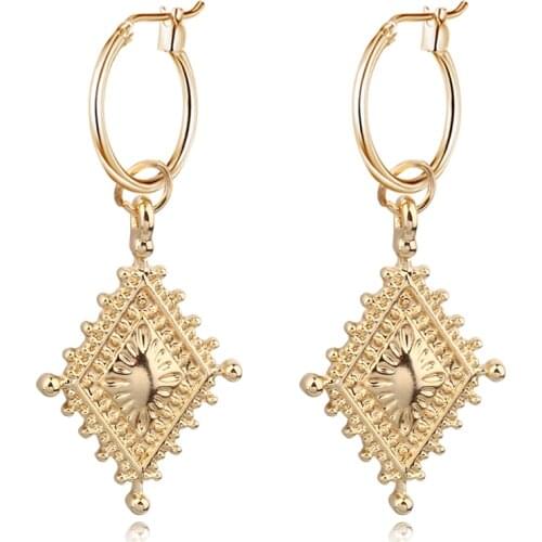 1Pair Vintage Geometric Rhombus Hoop Earrings For Women Trendy Gold Metal Color Endless Circle Pendant Earrings Jewelry E51