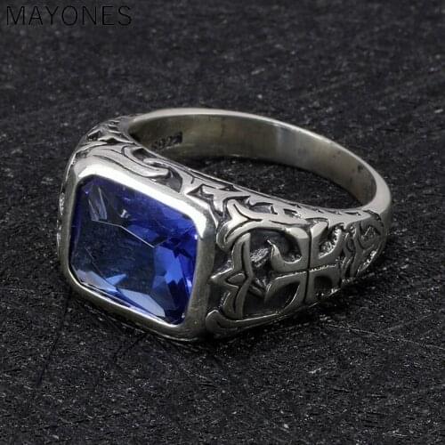 100% Real 925 Sterling Silver Rings For Men Blue Natural Crystal Stone Mens Ring Vintage Hollow Engraved Flower Fine Jewelry
