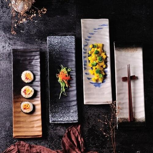 14 inch sushi plate Japanese and Korean cuisine plate restaurant retro creative ceramic rectangular plate daily tableware