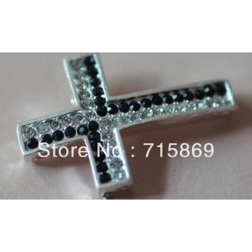 Free Shipping 200pcs 38x26x5mm black and white rhinestone silver bottom alloy cross connectors links.pave cross bracelet beads