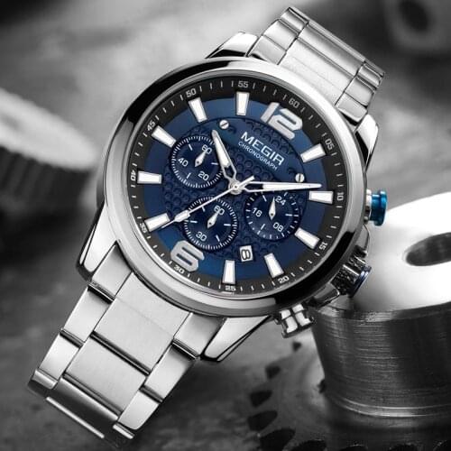 MEGIR Mens Quartz Wrist Watch Man Stainless Steel Chronograph Sports Watches Clock Luminous Waterproof Men Wristwatches 2156G