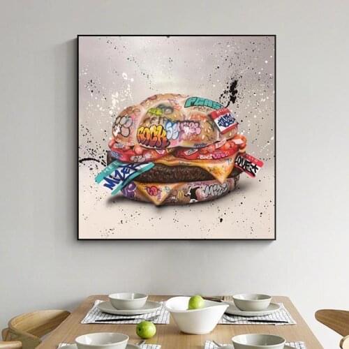 Fast Food Hamburger Graffiti Art Posters and Prints on Canvas Painting Street Wall Art Decorative Picture for Living Room Decor