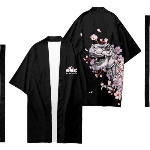 Oversize 6XL Dinosaur Printed Long Style Japanese Kimono Cardigan With Belt Couple Women Men Casual Asian Clothes Harajuku