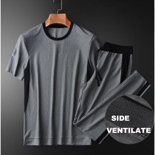 Classic Summer Grey Mens Sets (t-shirt+pants) Luxury Side Mesh Ventilate T-shirts Plus Size 4xl Elastic Waist Slim Fit Man Pants