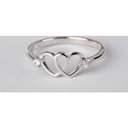 New Small Fresh Heart Shaped Creative Double Love Hollow 925 Sterling Silver Jewelry Fashion Crystal Opening Rings SR503
