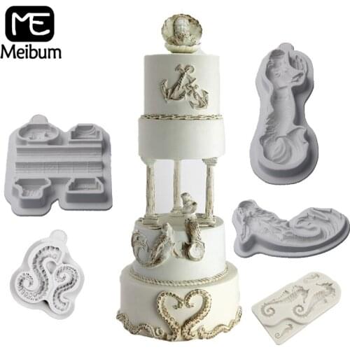 Meibum Cake Decorating Fondant Silicone Mold Sea Theme Clay Craft Mermaid Neptune Paste Mould Columns Baking Pastry Form