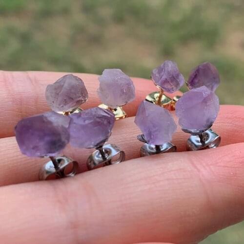 Mini Raw Mineral Purple Crystal Stud Earrings Stainless Steel Ear Studs 6-8mm Small Flower Natural Amethysts Quartz Earrings