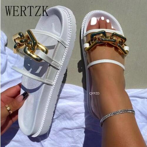 Fashion Sexy Roman Style Transparent Chain Decoration Flat Outdoor Female Slippers 2021 Summer New Style Plus Size Beach Slipper