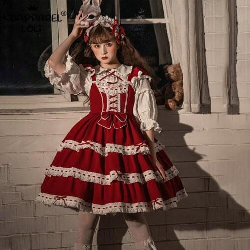 Retro JSK Lolita Dress Sling Sleeveless Sweet Girls Cute Teens Bows Layered Lace Ruffle Knee Length Doll Cosplay Tea Party Wear