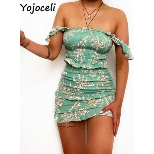 Yojoceli Sexy lace straped ruffle women bodycon dress Summer beach chiffon short dress Casual elegant mini sundress