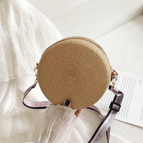 Girl Round Straw Beach Bag Vintage Handmade Woven Shoulder Bag Raffia Circle Rattan Bags Bohemian Summer Vacation Travel Bags