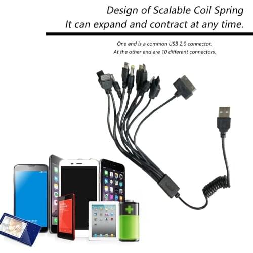 Portable Smartphone Universal USB Charge Cable 10 in 1 Multi Functions Lightweight Retractable Cable
