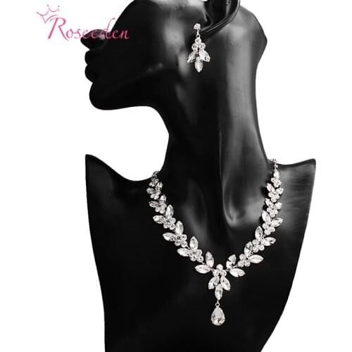 Luxurious Leave-Ship Wedding Jewelry Sets Bridal Bridesmaid Silver Color Necklace earring Set Crystal Wholesale Gift RE3612