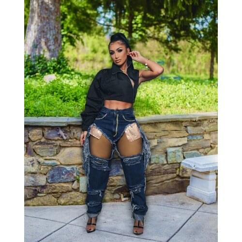 Ripped Tassel Jeans Sexy Women Denim Straight Pants With Pocket Blue Jeans Ripped Casual Trousers