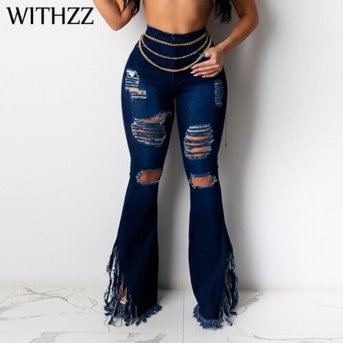WITHZZ Womens Fashion Hole Ripped Tassel Denim Flares Pants Female Trousers Jeans