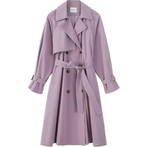 Vintage Double Breasted Belted Purple Long Trench Coat for Women Spring Fall Loose Casual Lady Khaki Windbreaker Outerwear 1007