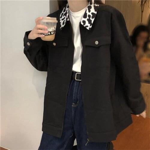 Womens Jacket Cow-stripe Turn-down Collar Pocket Decoration Long Sleeves Loose Coat Wholesale 2021 New Fashion Lady Clothing