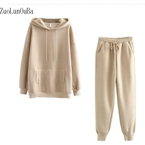 Autumn Winter Women Sweatshirt Thick Fleece Suit 2 Pieces Khaki Long Sleeve Pullover Loose Sets Hoodies And Elastic Pants Suits