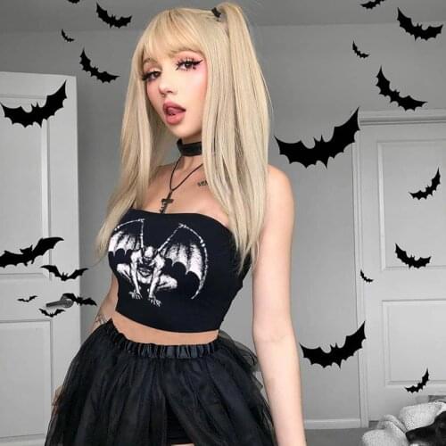 Goth Sexy Black Camis Punk Skull Demon Print Corset Bodycon Crop Tops Streetwear Harajuku Summer Mall Goth Women Sleeveless Tops