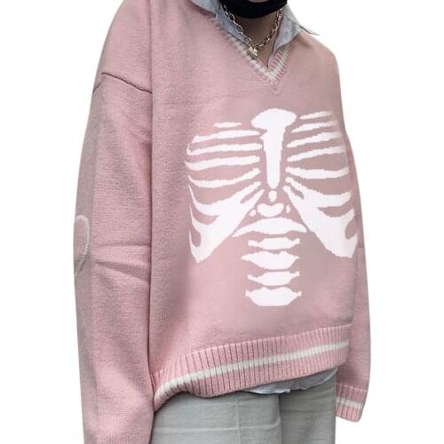 Women Knit Sweater Girls Preppy Style Y2K Stylish TIde Skeleton Print Long Sleeve V-neck Pullover Warm Jersey Autumn Winter