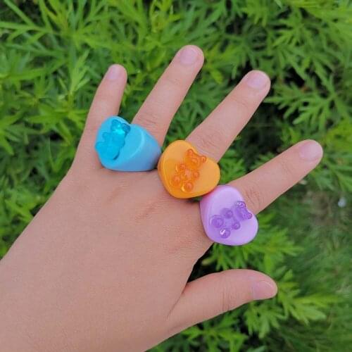 VG 6YM 2021 New Korean Girls Lovely Bright Colorful Cartoon Bear Geometric Chunky Resin Ring for Women Party Jewelry Wholesale